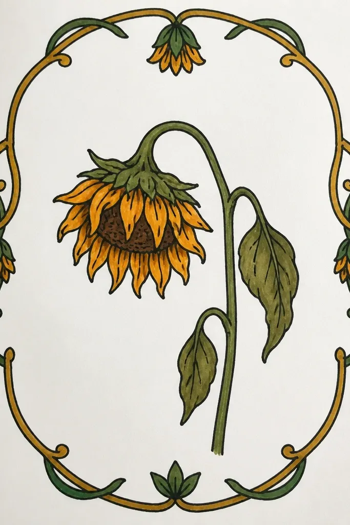 Wilted sunflower centered inside a frame with drooping corner accents.