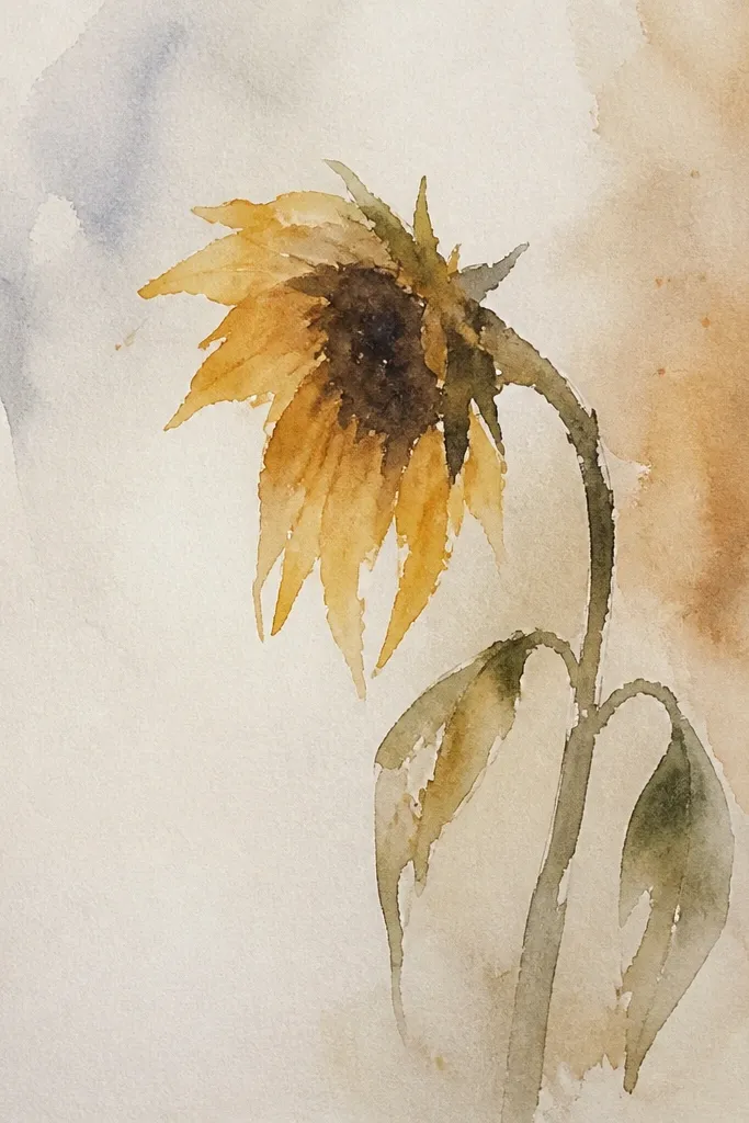 Wilted sunflower with irregular burn marks and darkened petal spots.