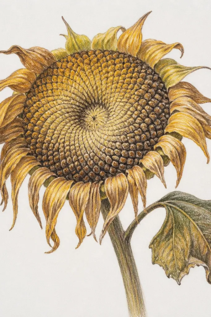 Sunflower with a seed head spiral that fades outward and petals drooping.