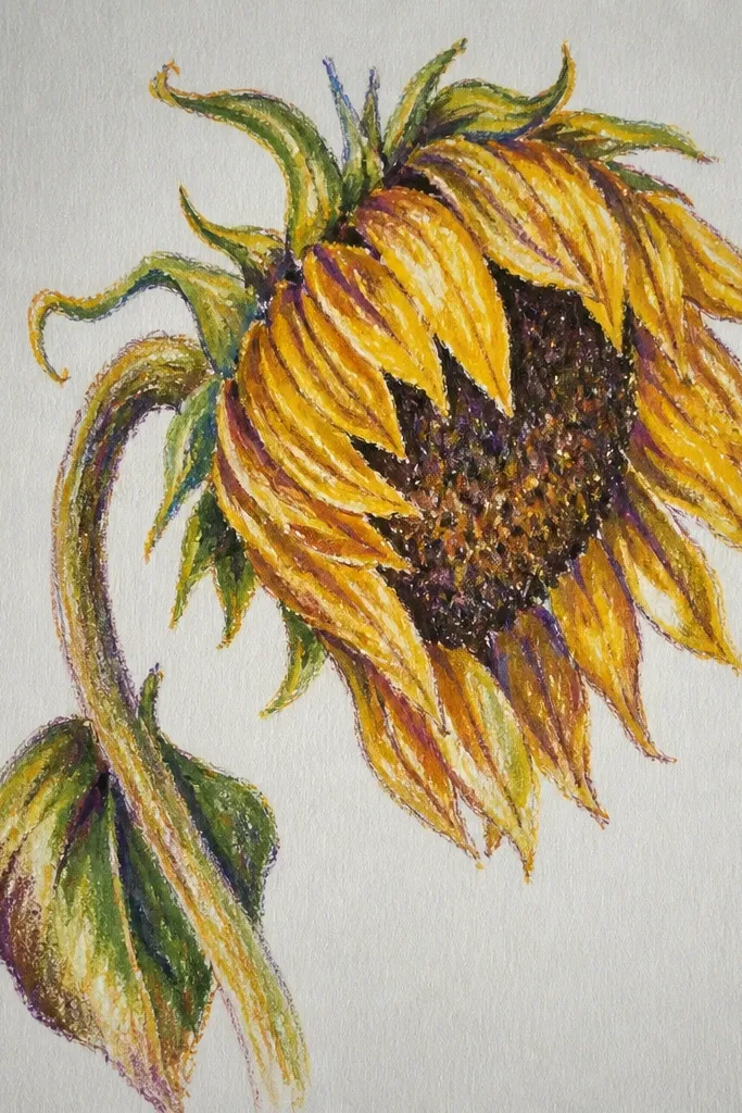 Wilted sunflower painted in gouache with thick, textured petal edges.
