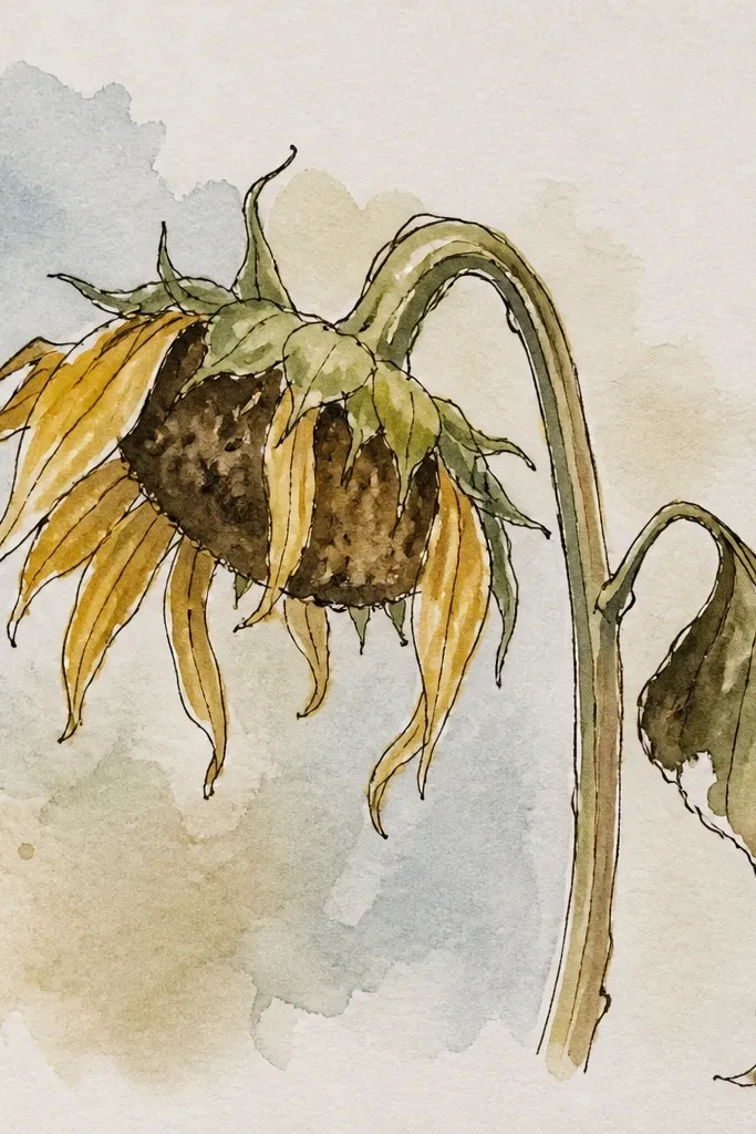 Wilted sunflower where some petals end in tiny ink drip tips.