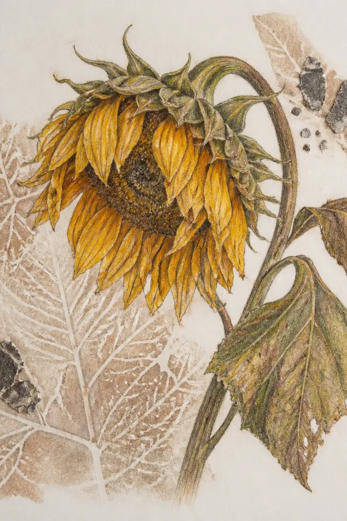 Wilted sunflower with coffee-stained petals, stencil veins, and torn ash edges