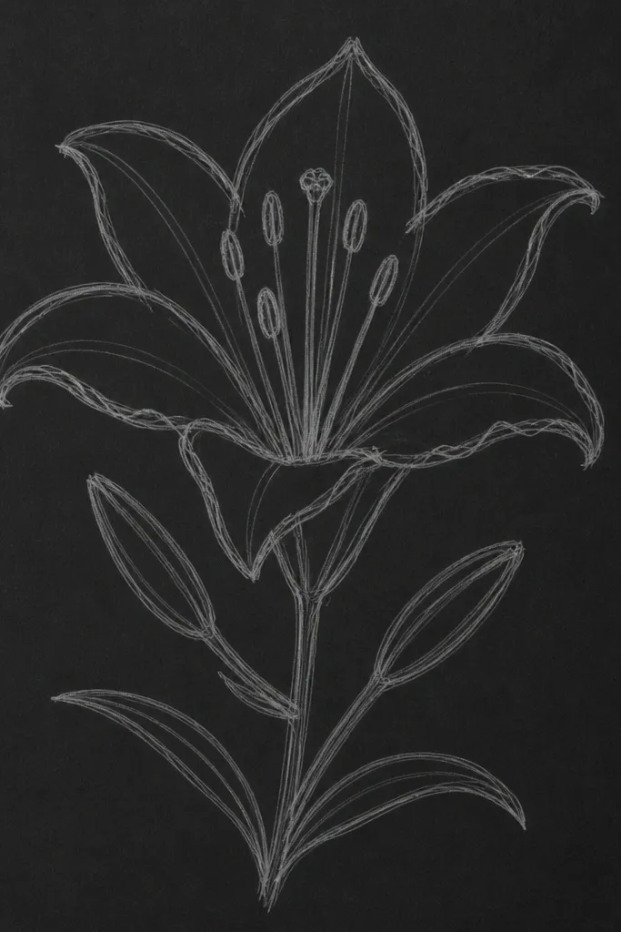 A tiger lily drawn in bold black lines on the back of a black canvas tote. Only the outlines are filled, with a small cluster of orange freckles at the throat and a thin arched stem in the lower corner.