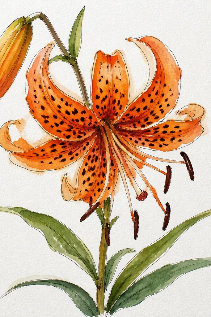 A tiger lily on watercolor paper with light orange and peach petal washes. The outlines are faint, but the throat has sharp dark speckles and a slightly darker gradient near the base.