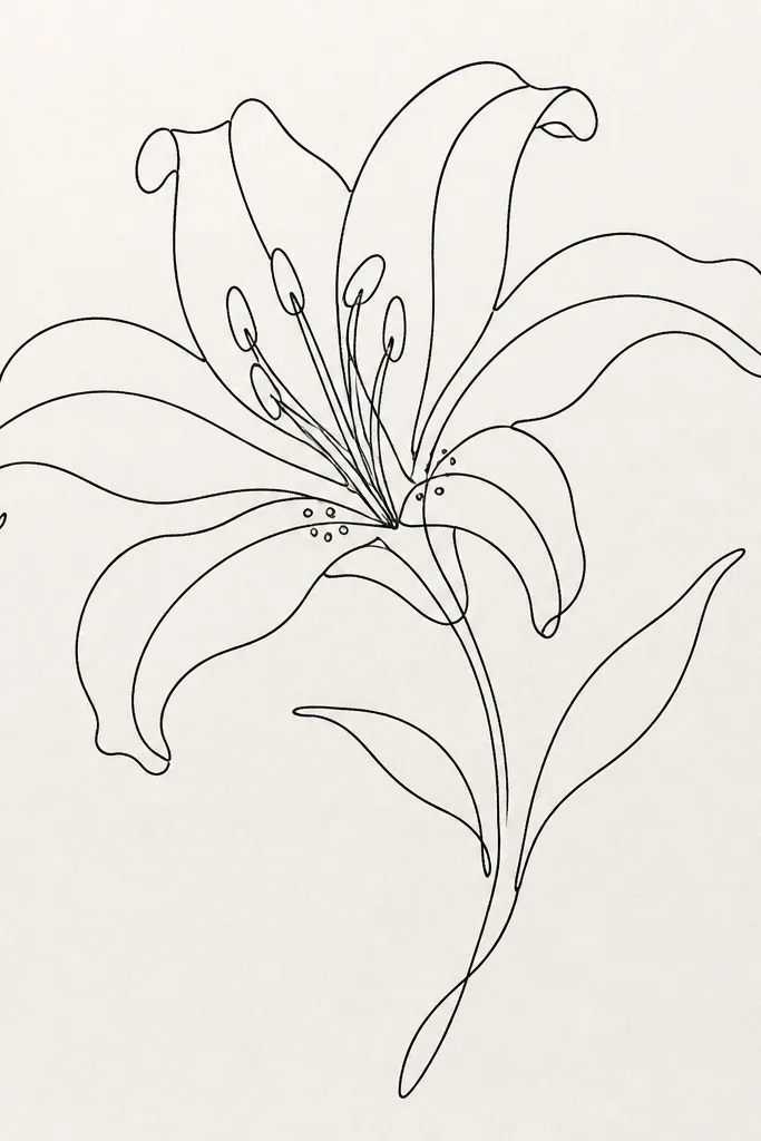 A tiger lily drawn in a single continuous line, no color fill. The petal veins are suggested by line bends, and the throat has three small dot clusters.