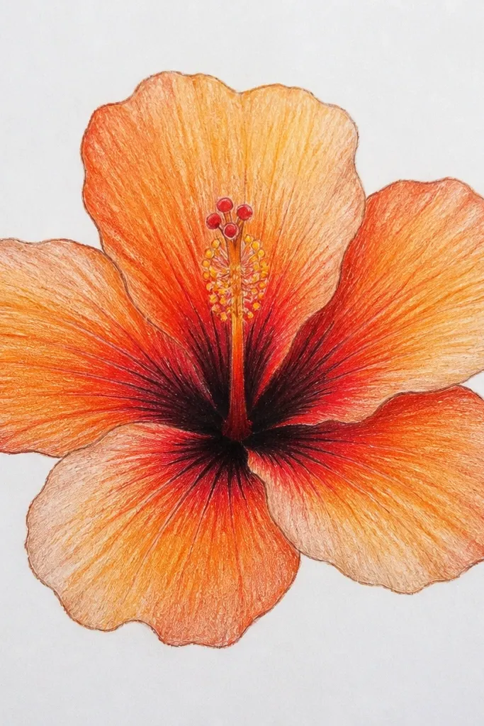 A tiger lily where outer petals fade from pale peach at the tips to deeper orange near the base. The throat has a bold black curved stroke with small freckles around it.