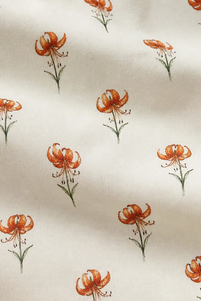 A small repeating pattern of tiger lily drawings across a piece of fabric. Each flower is about 1.5 inches tall with speckled throats and thin stems, spaced evenly.