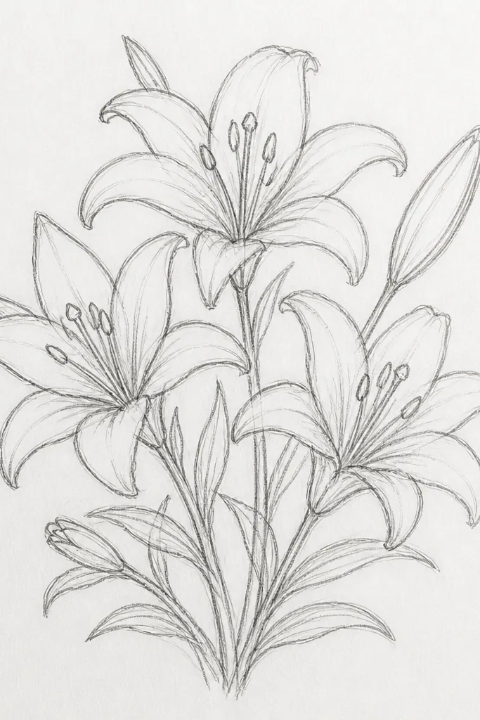 Three tiger lilies clustered on a planner cover, with two flowers angled inward and one upright. Freckles cover the throats and thin stems overlap, forming a small bouquet shape.