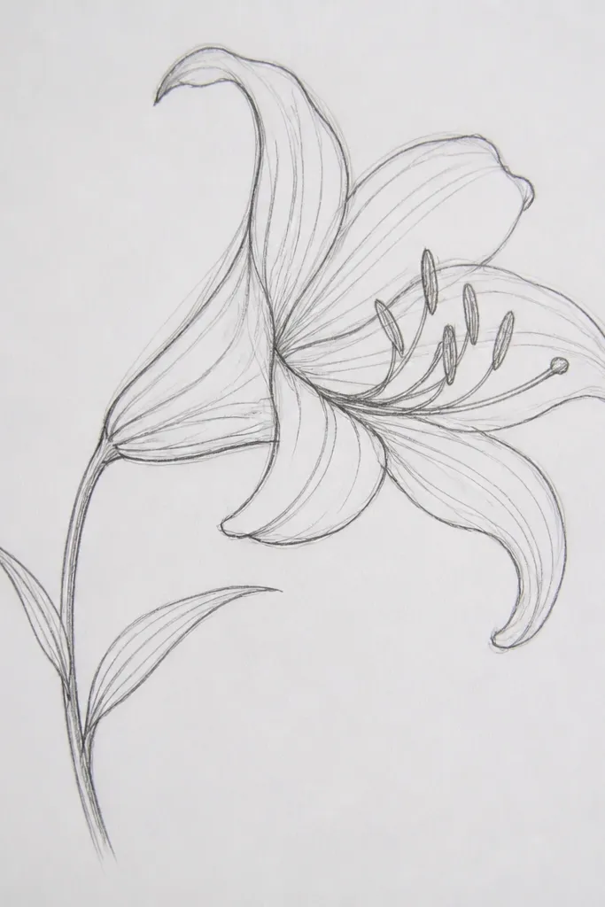 A tiger lily shown in side profile, with long sweeping inner veins. The petals are mostly orange with a pale highlight line running down each petal.