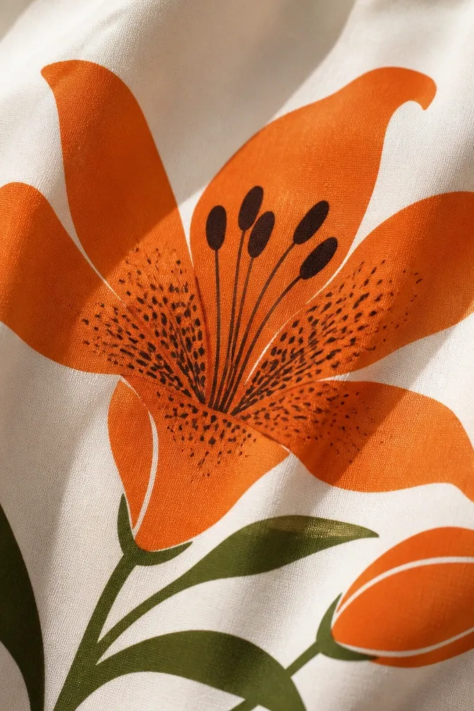 A tiger lily on fabric with crisp stencil edges. The petals are solid orange blocks, but the throat has hand-drawn speckles in black and dark brown.
