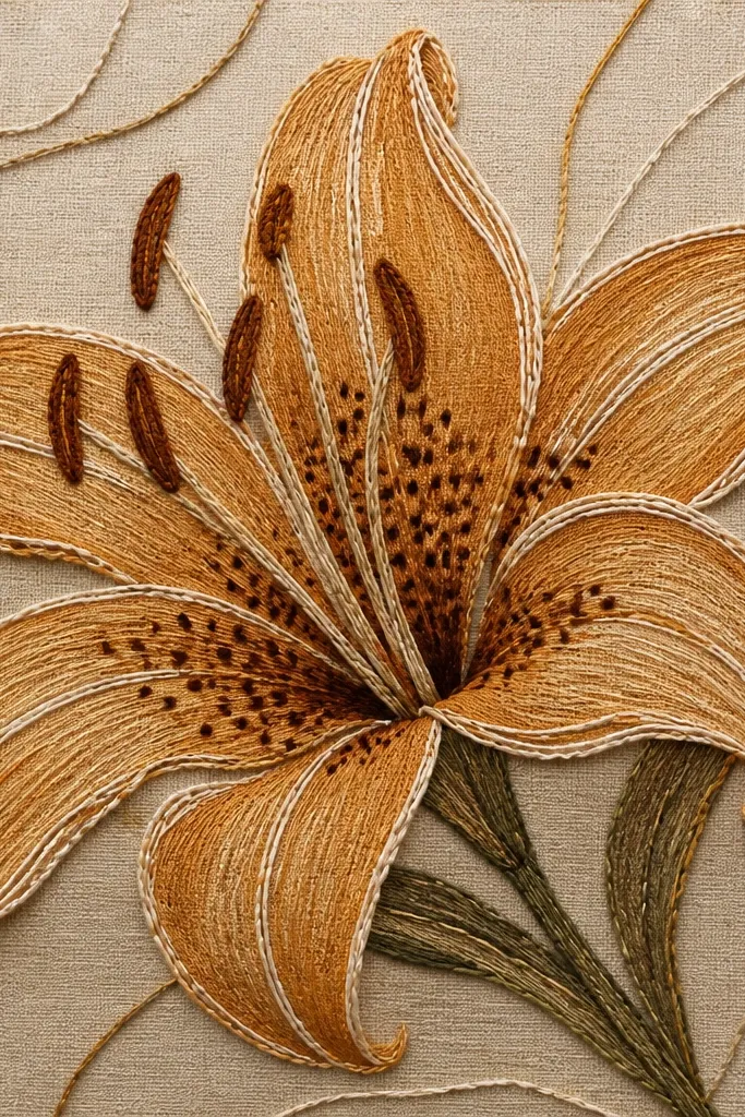 A tiger lily on canvas with raised thread-like lines drawn in off-white and amber. The petals have stitched outlines and the throat has darker dot accents.