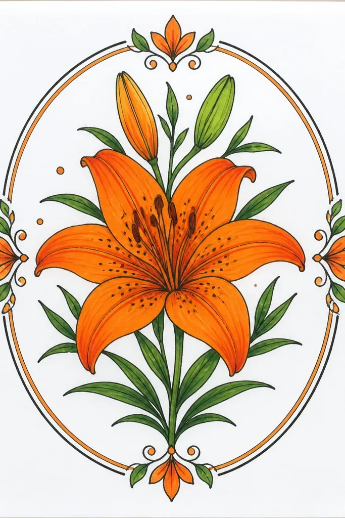 A tiger lily centered inside a circular decorative frame. The petals have speckles and the frame has small repeating curved motifs in orange and brown.