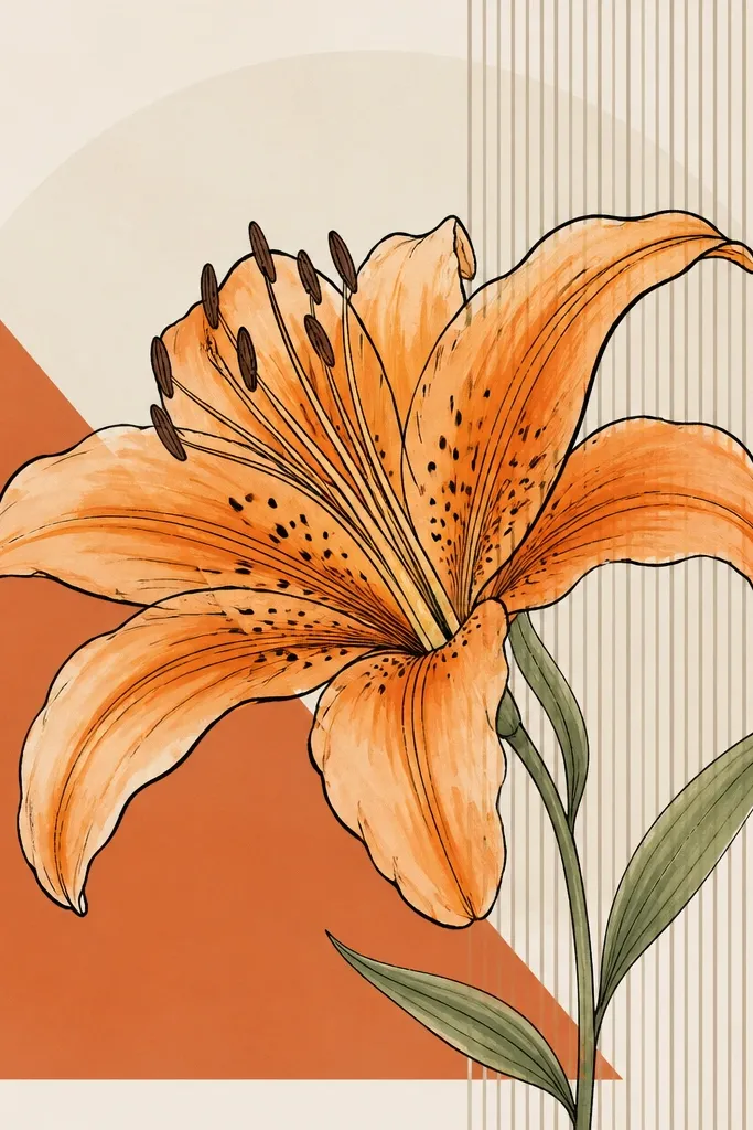 A tiger lily outlined in black on a background of overlapping geometric shapes: a terracotta triangle, a cream circle, and thin line stripes. The throat has dark speckles and orange wash petals.