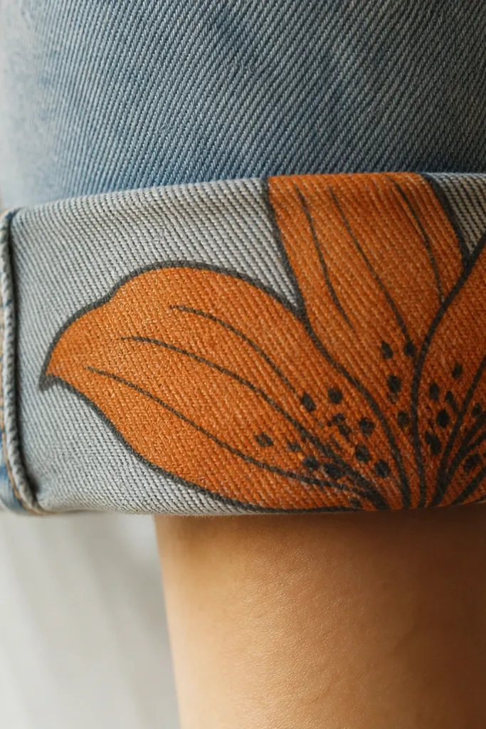 A tiger lily drawn on the cuff of denim jeans, cropped so only half the flower is visible. The visible petals show thick outlines and freckled throat, with a few long veins.