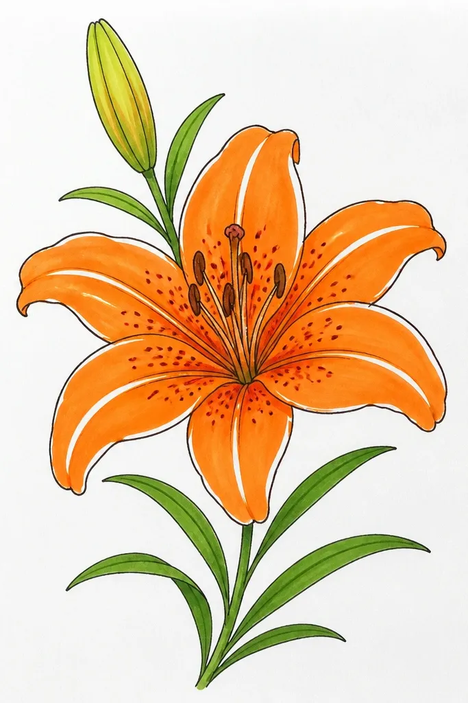 A tiger lily where petals are filled with orange, but thin white highlight strips are left unpainted. The throat has dark freckles and a small shadow gradient.