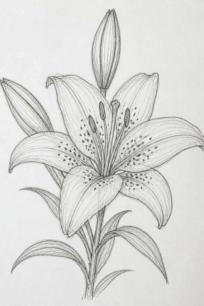 A black ink tiger lily on white paper with detailed hatching veins. The petals are left mostly white, and only the throat has a small cluster of filled freckles.