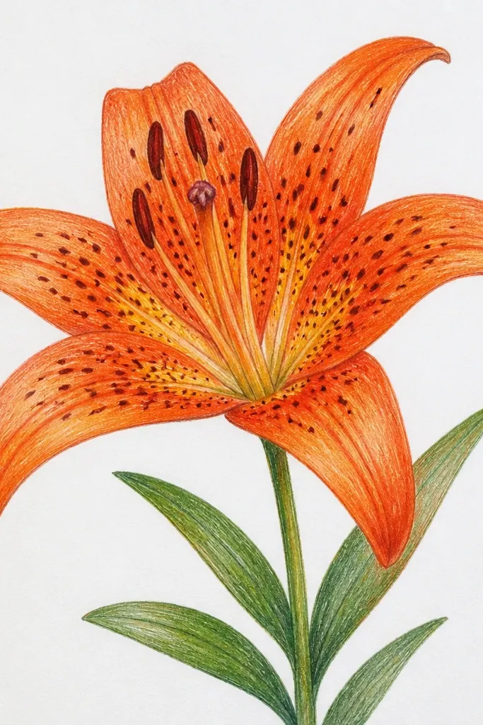A tiger lily on cream paper with orange petals and black outlines. The throat has dark freckles, plus a few gold dot highlights that catch the light.