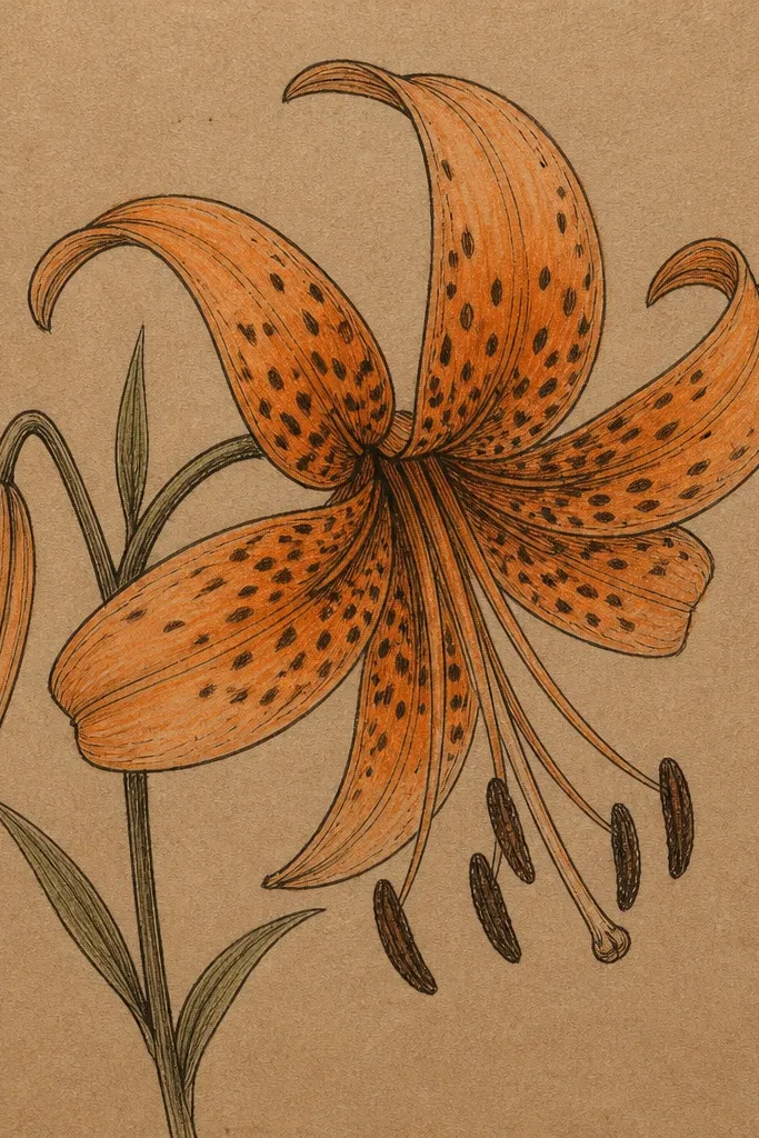 A tiger lily drawn on kraft paper. The outlines are dark brown, petals are lightly colored orange, and the throat has speckles in near-black.