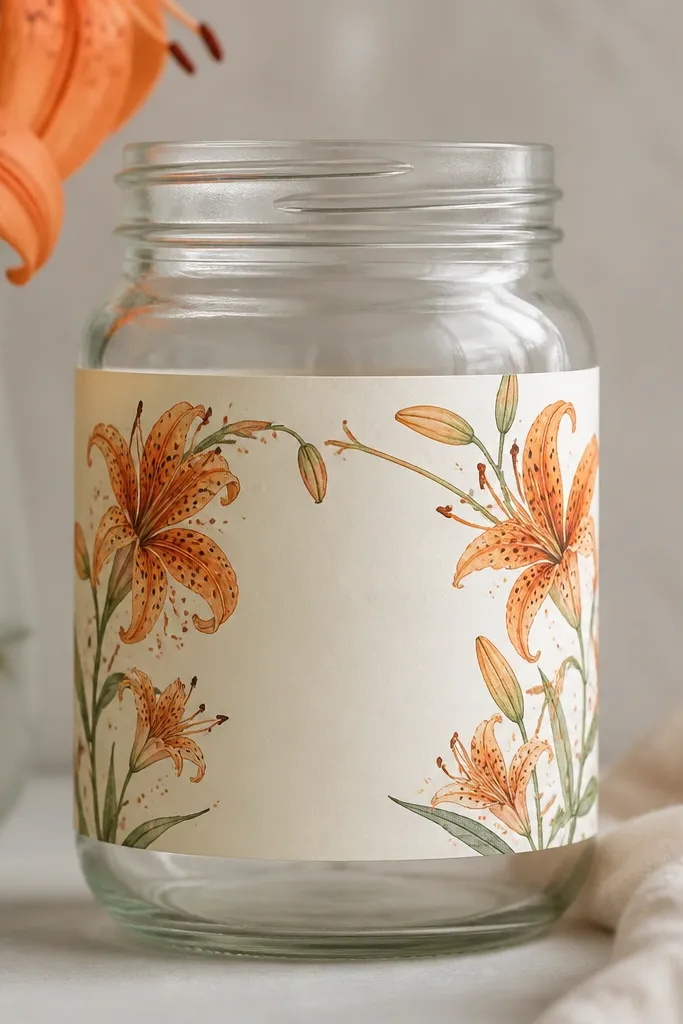 A paper label wrapping around a mason jar with a tiger lily bouquet drawn along the label edges. The flowers arc around the jar, with speckles and thin stems.
