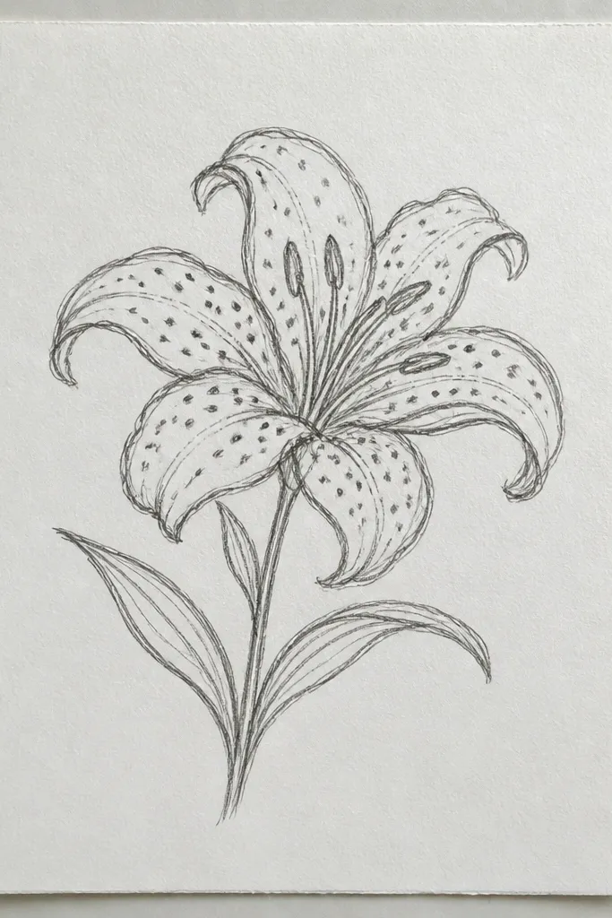 A tiger lily in black ink style on a thrift t-shirt. The petals have thick outlines, fine stipple shading, and a small cluster of tiger stripe-like marks at the throat.
