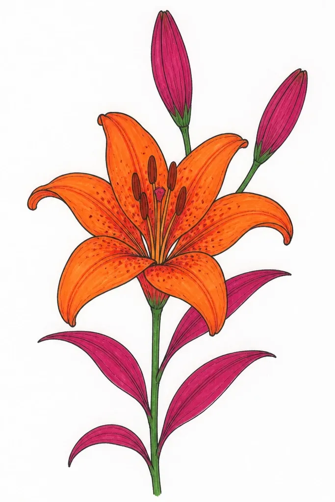 A tiger lily with orange petals and subtle magenta shading near the inner folds. The throat has dark freckles, and the outer outline is a warm brown.