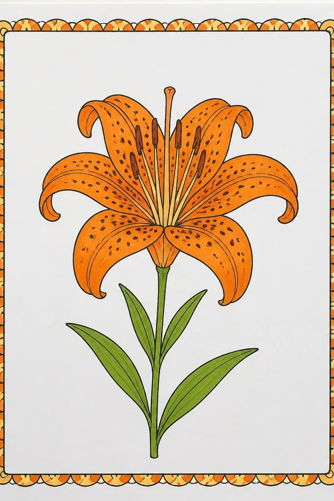 A tiger lily centered inside a square border made of repeating scalloped petal shapes. The center lily is speckled, and the border is drawn in lighter orange lines.