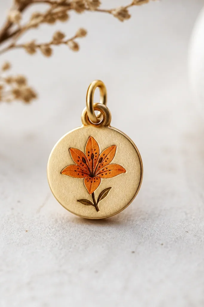 A tiny tiger lily drawing on a small round charm tag. The petals are simplified, with a speckled throat and a short stem, all in orange and dark brown.