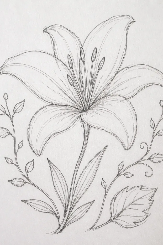 A tiger lily with thin curling vines and one larger accent leaf beside it. The petals are orange with speckles, and the vines are drawn in a soft brown line.