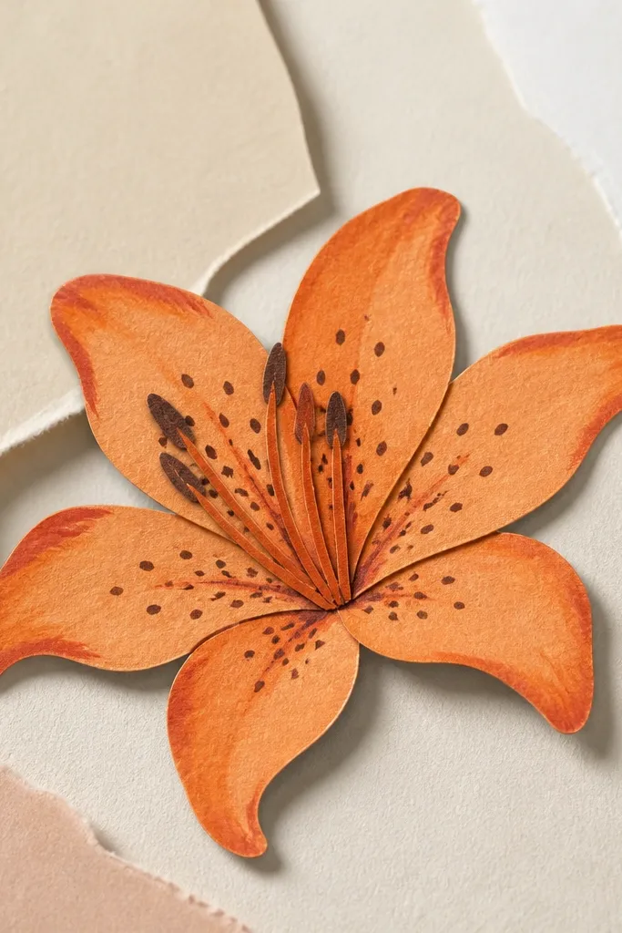 A tiger lily cutout layered on top of paper. The petals are painted orange, and the edges look slightly brushed with darker orange for a handmade collage feel.