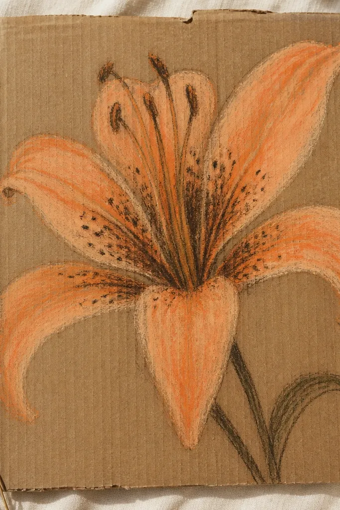 A tiger lily drawn on a piece of upcycled cardboard. The petals are filled with chalky pastel orange and peach, with charcoal-brown speckles in the throat.
