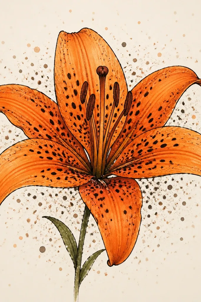 A tiger lily centered with orange petals and black outlines, surrounded by a scatter of small ink splash dots. The background dots are lighter and fade farther out.