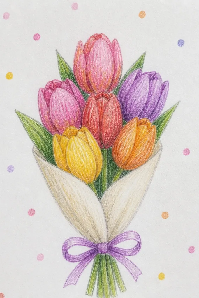 Small tulip bouquet packed together with colorful dot confetti background