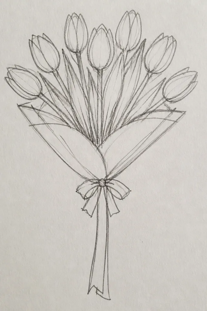 Tulip fan bouquet with long curved stems and a ribbon strip at the bottom