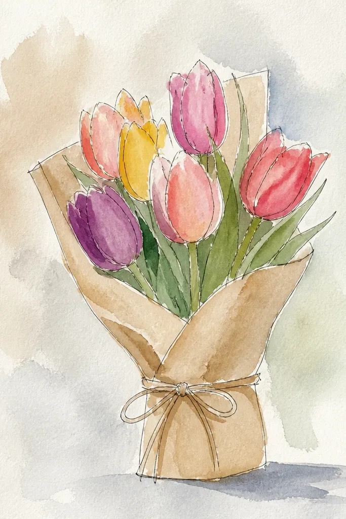 Tulip bouquet wrapped in a brown paper bag with a simple handle