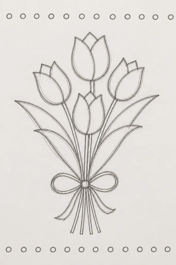 Tulip bouquet drawn with one smooth line and a bubble dot border frame