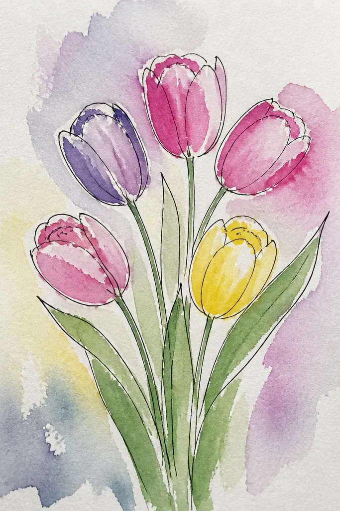 Tulip bouquet with watercolor-like washes and dry brush texture on petals