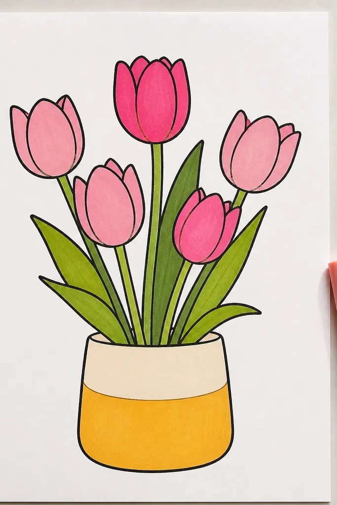 Minimal tulip bouquet rising from a bold rectangular pot