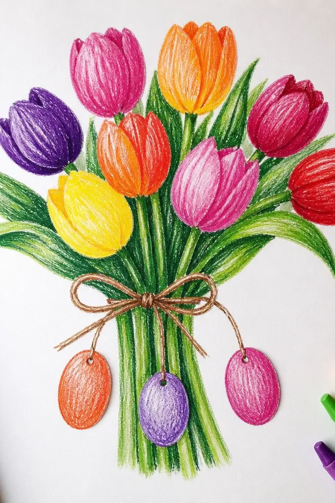 Tulip bouquet with small ornament tags hanging from stems