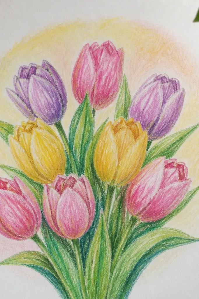 Pastel tulip bouquet with a light circular halo behind it
