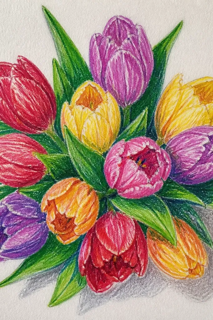 Top-down tulip bouquet on a page with a soft ground shadow oval