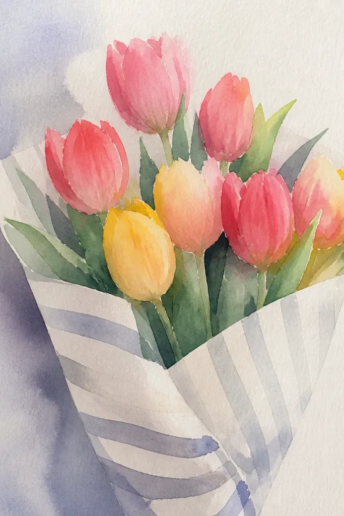 Tulip bouquet with diagonal striped wrapping paper around the stems