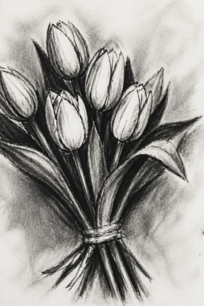 Single-color tulip bouquet shaded with crosshatching and a simple banner