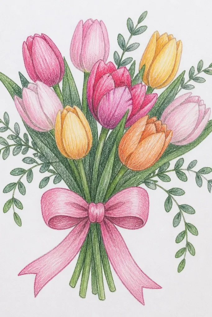 Tulip bouquet with a ribbon bow and two hanging leaf sprigs