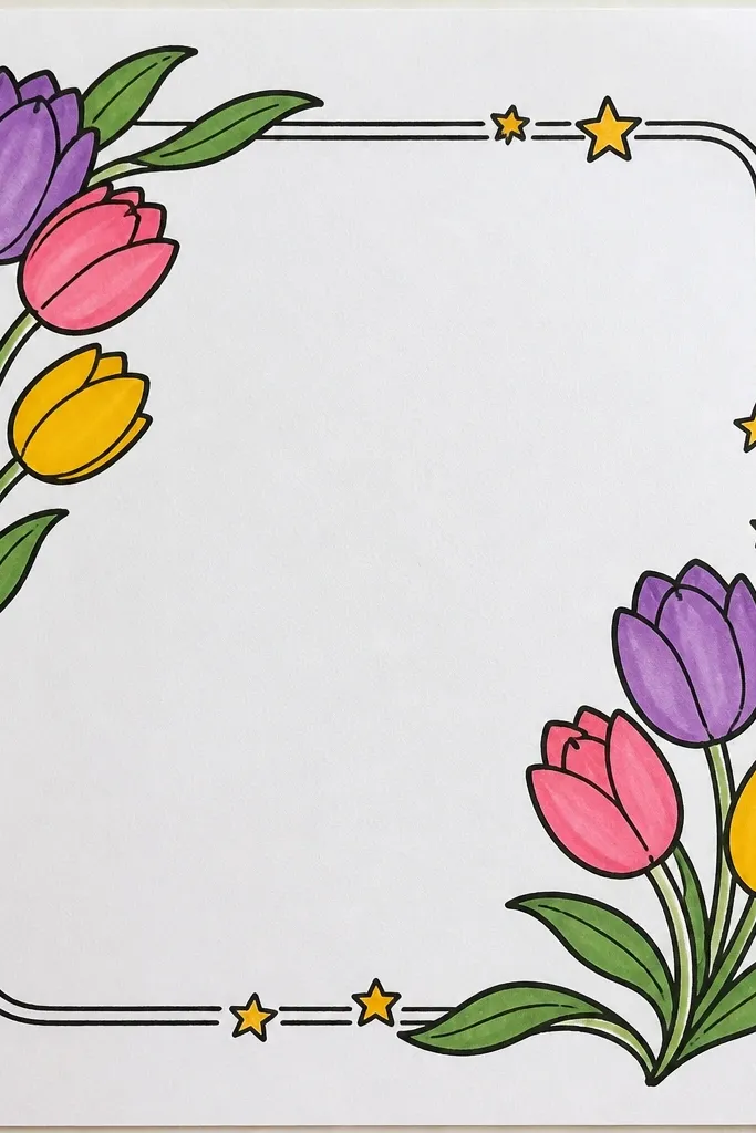 Tulip bouquet centered with a thin border frame and small star accents
