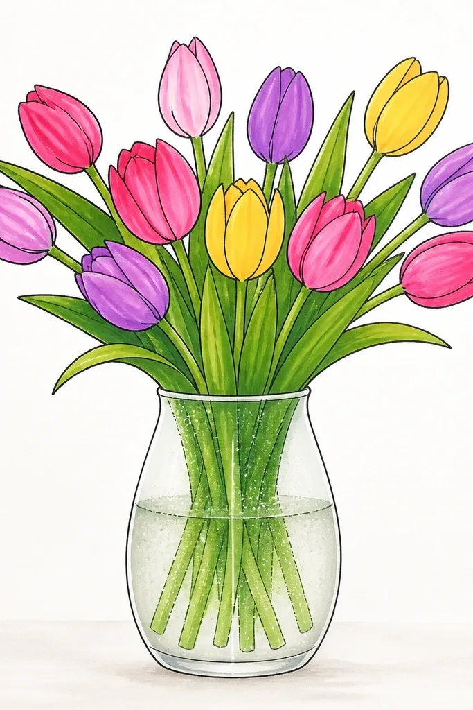 Tulip bouquet in a clear vase with frosty droplets and soft highlights