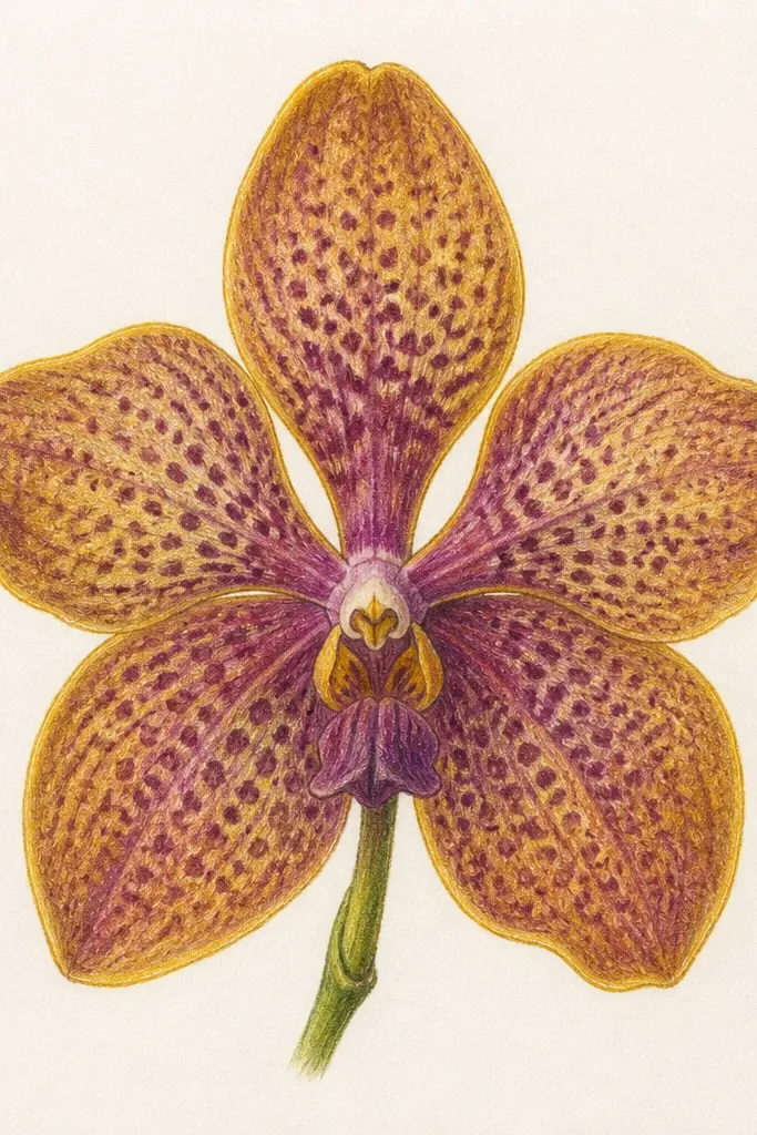 A Vanda orchid drawing on thick cream cotton paper with a deep magenta-purple orchid, a pale yellow-green lip, and a thin metallic gold line tracing the outer petal edges; the background is lightly washed warm beige.