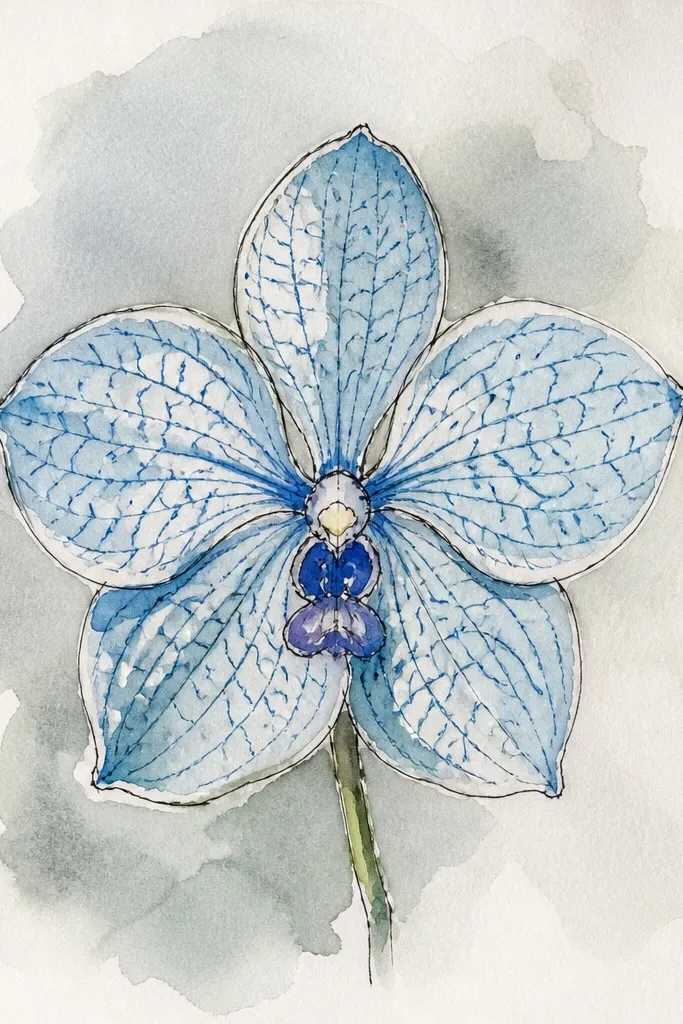 A monochrome-style Vanda orchid drawing with cyan washes on broad petals, razor-sharp black ink veins, and a near-white background; the stem is inked in black with small leaf marks.