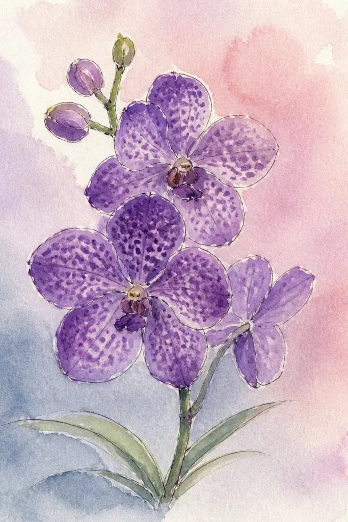 A Vanda orchid drawing centered on the page with pink and peach ombre wash behind it, the petals painted in warm magenta, and the background fading from darker top to pale bottom.