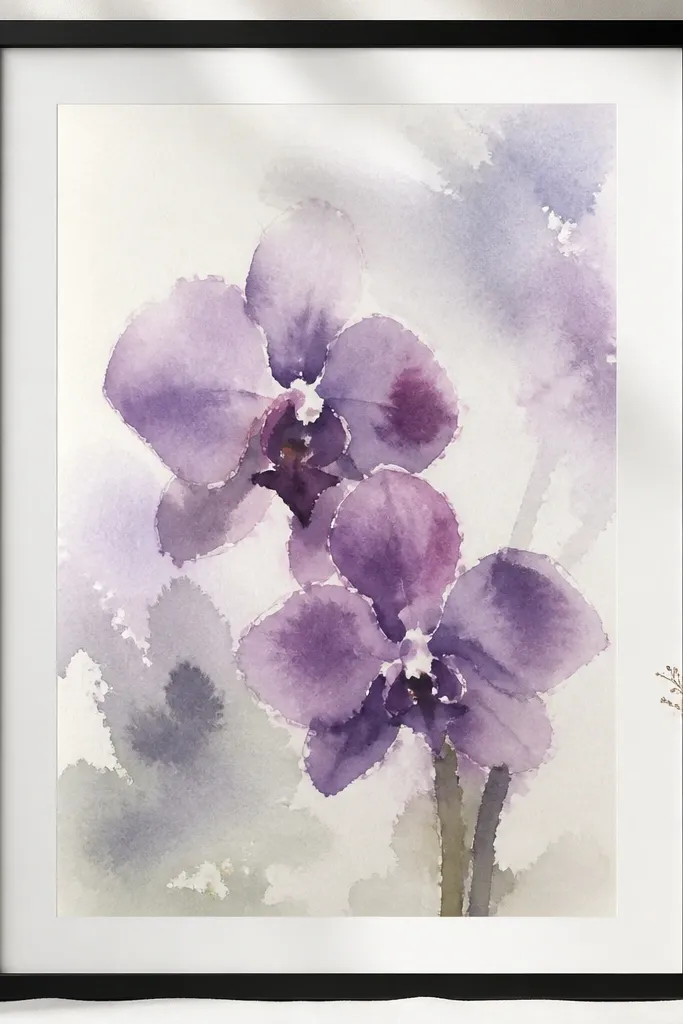 A Vanda orchid drawing with a bright white halo-like border wash around the image, placed inside a matte black frame; the orchid has purple petals and a greenish-yellow lip.