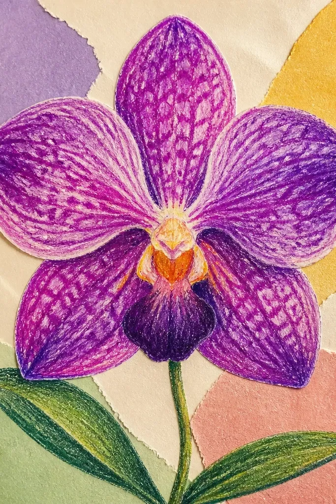 A Vanda orchid where petals look physically layered: cut paper pieces in magenta, fuchsia, and pale yellow are stacked with visible edges; the background is a textured beige paper collage.